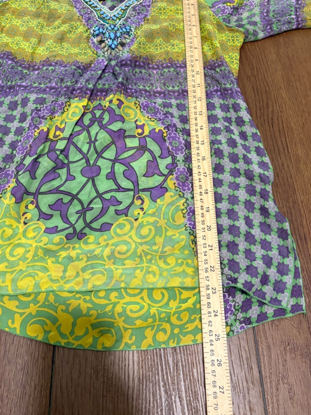 Hale Bob Silk Blend Beaded Boho Tunic Top Green Purple Size S - Picture 6 of 8